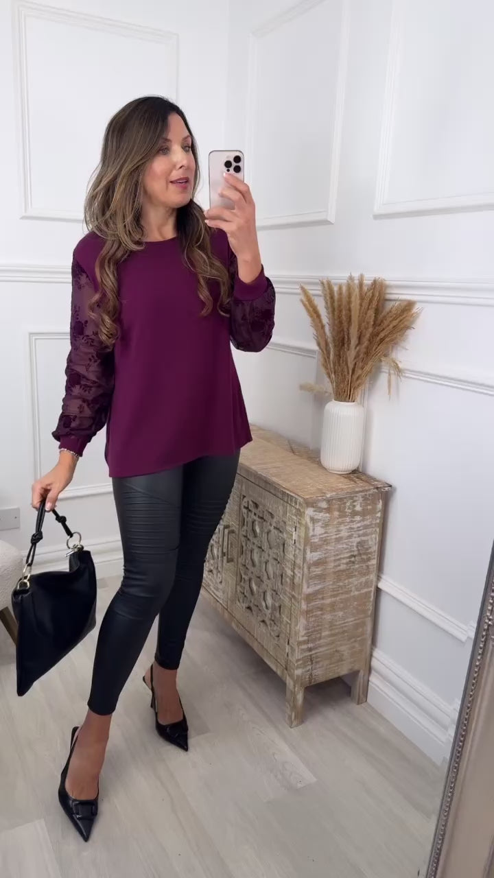 Shellie Wine Applique Sleeve Top