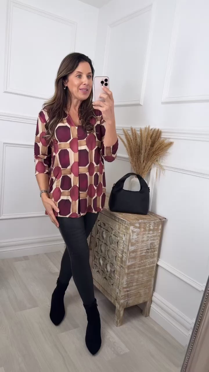 Mirella Wine Print V Neck Top