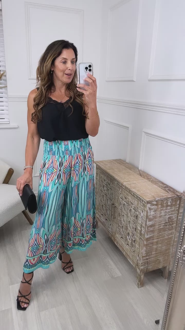 Bessy Turquoise Funky Print Trousers