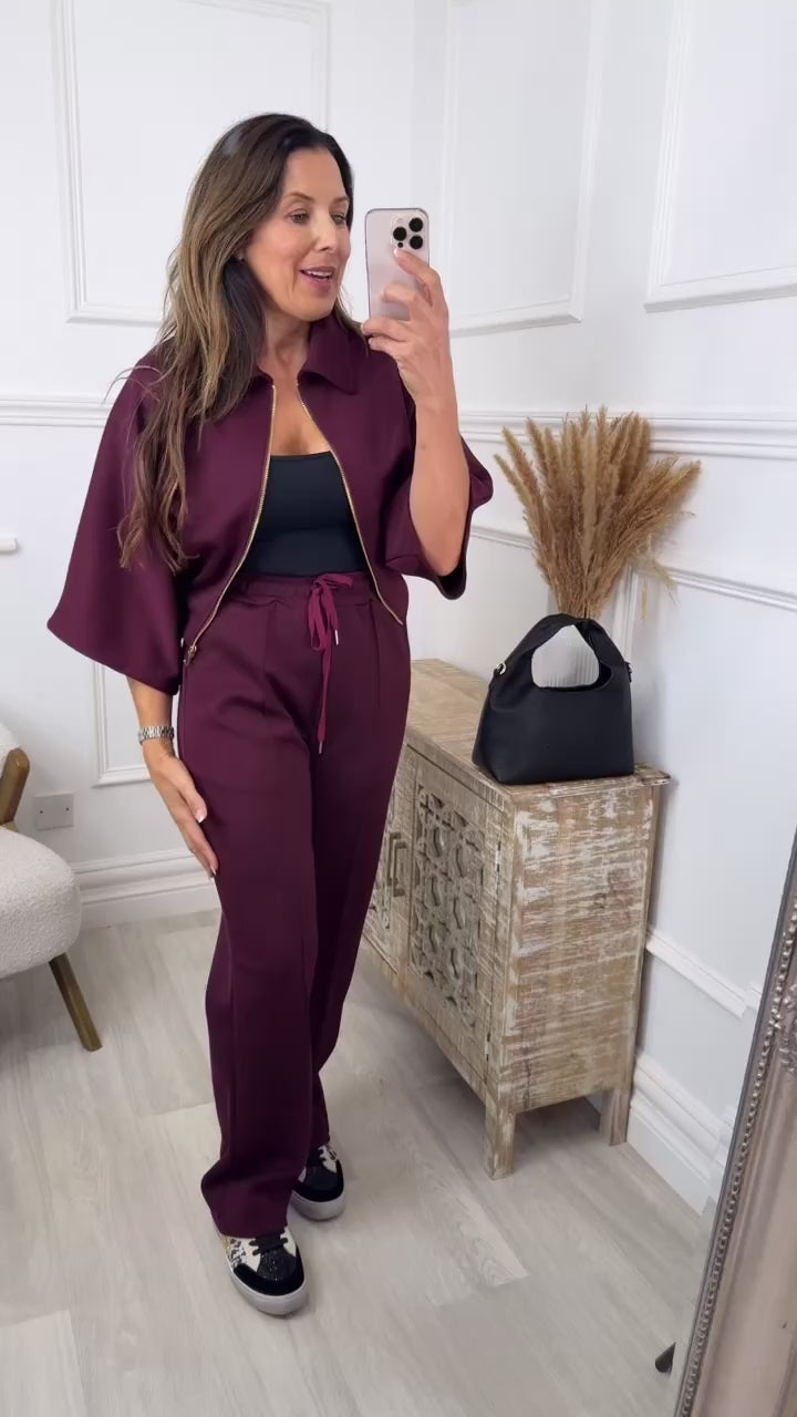 Rachel Wine Two Piece Zip Jacket Set