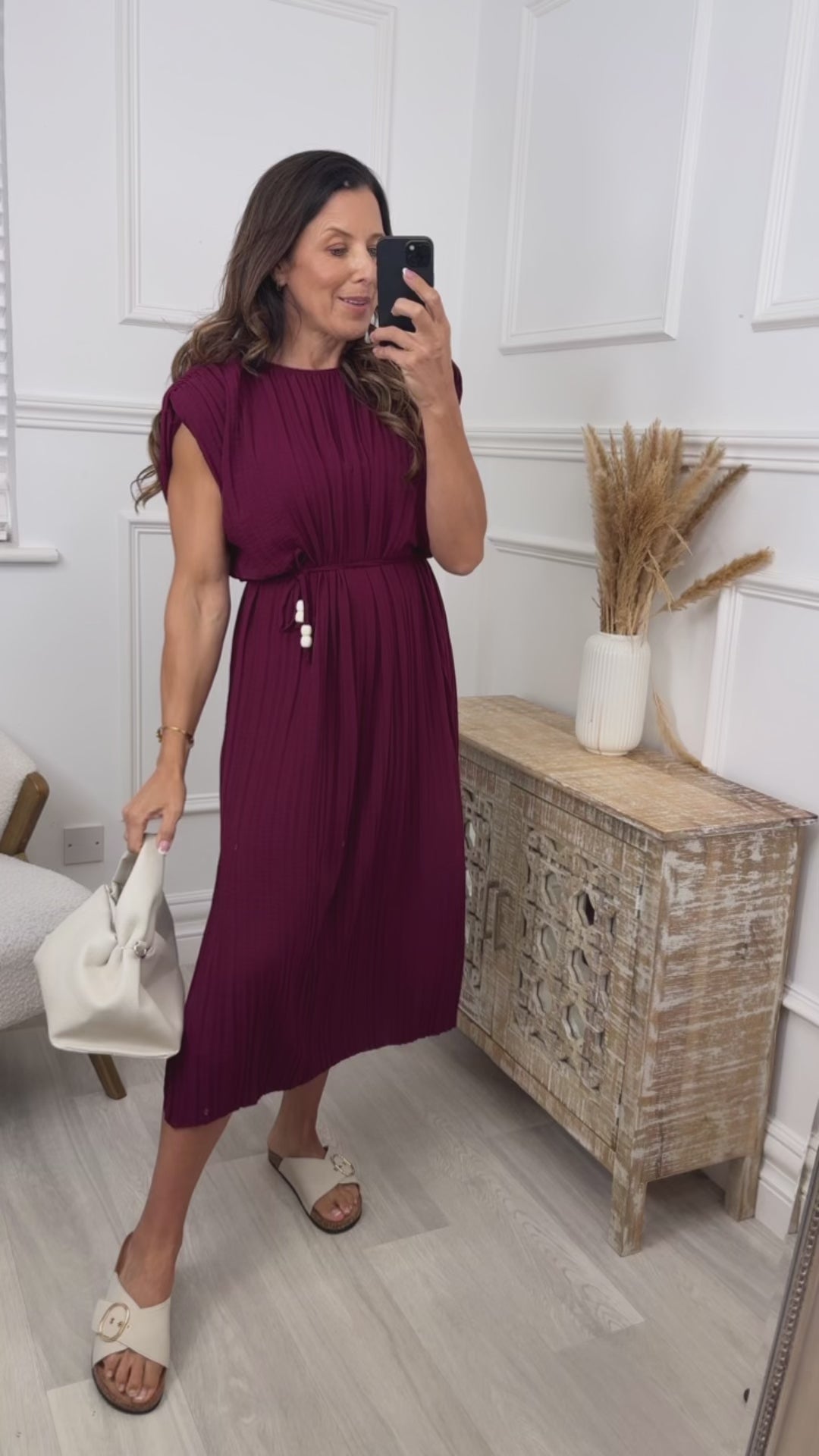 Shelly Wine Pleated Midi Dress
