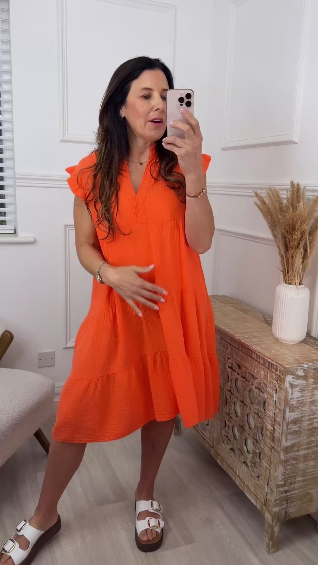 Lena Orange Tiered Midi Dress