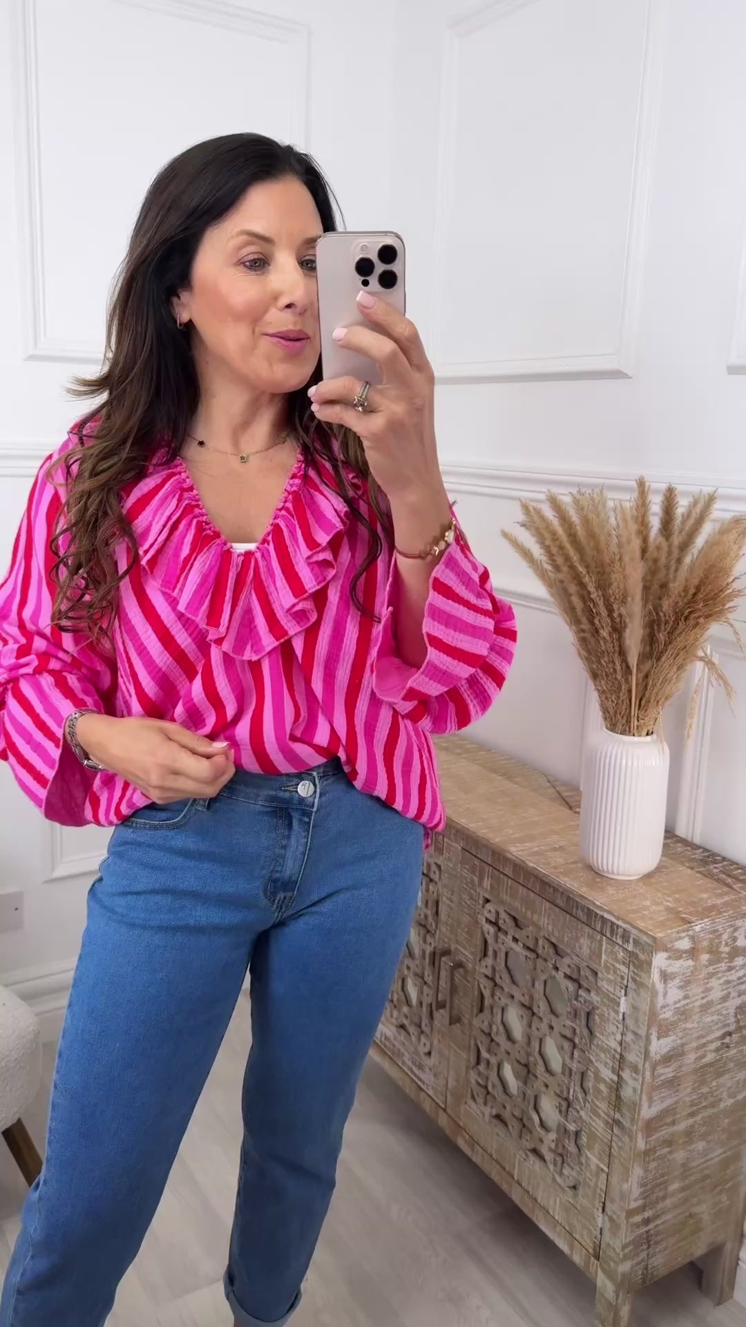 Treasa Red And Pink Stripe Ruffle Neck Top