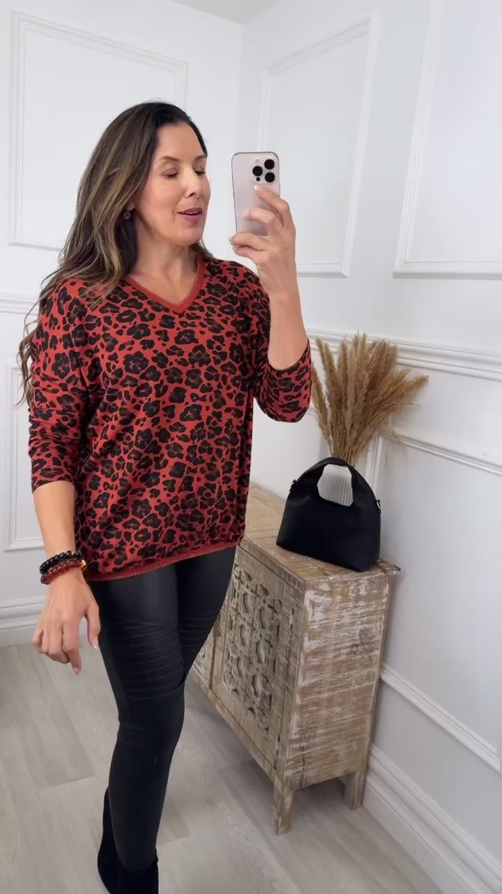 Maureen Rust Leopard V Neck Knit Top