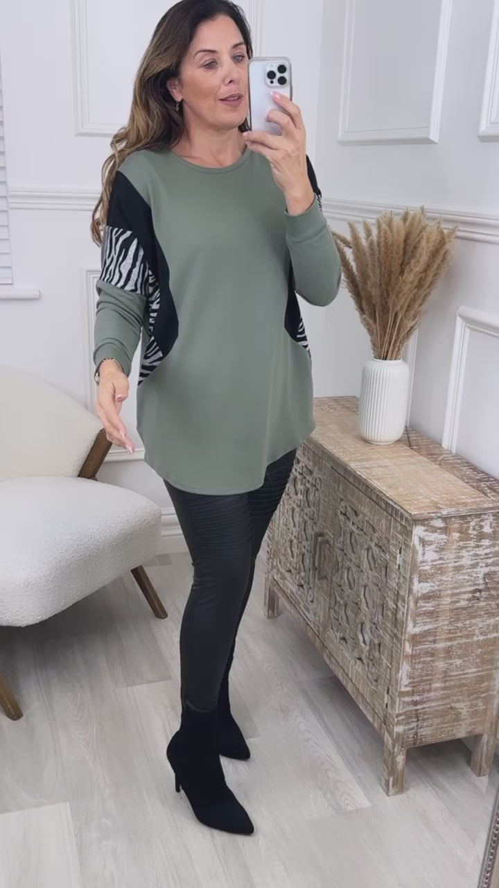 Myrna Khaki Zebra Print Sides Top