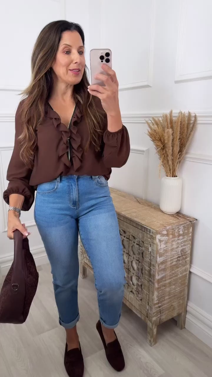 Lenora Brown Ruffle and Zip Neck Top