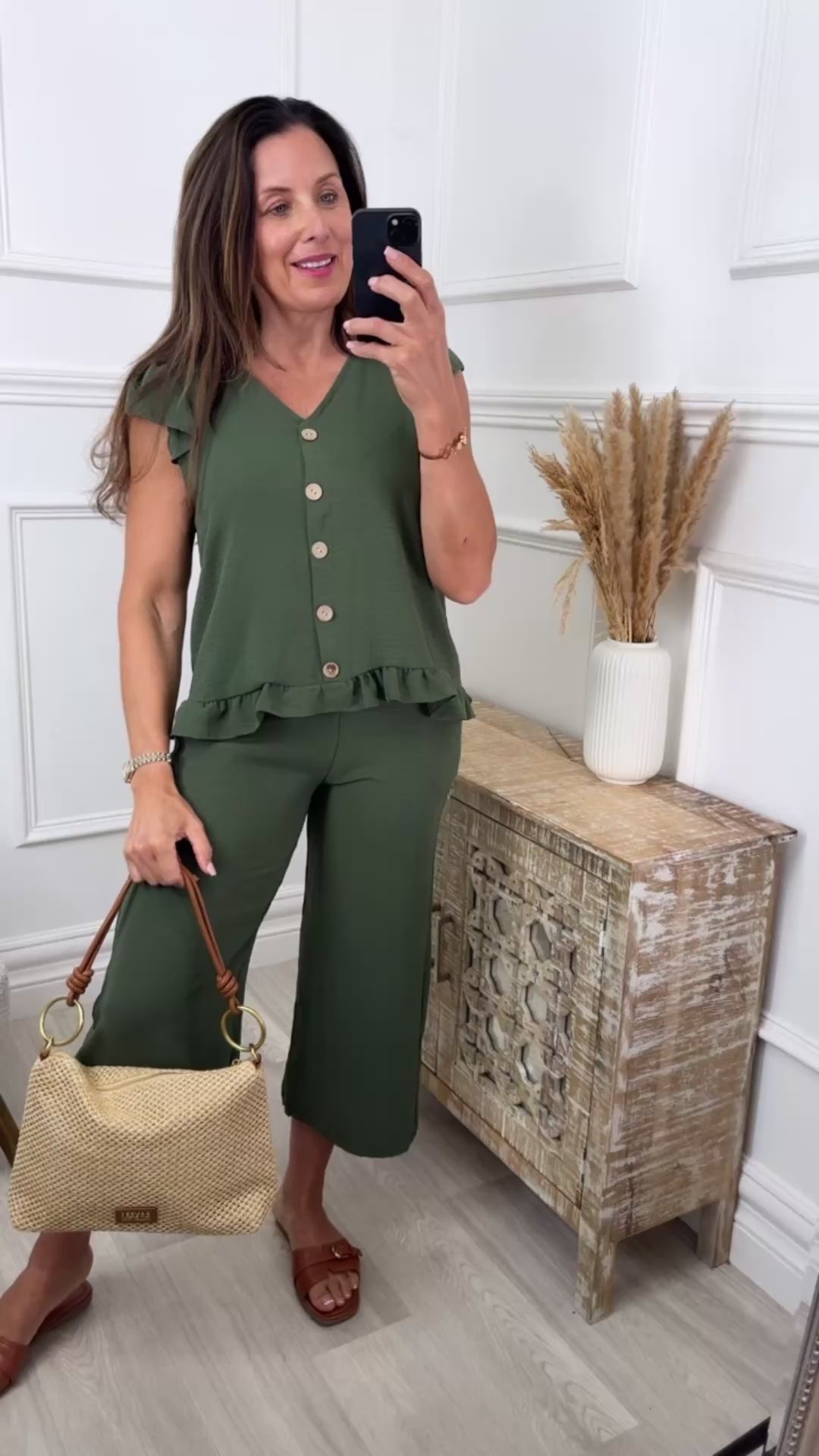 Madeline Khaki Frill Hem Set