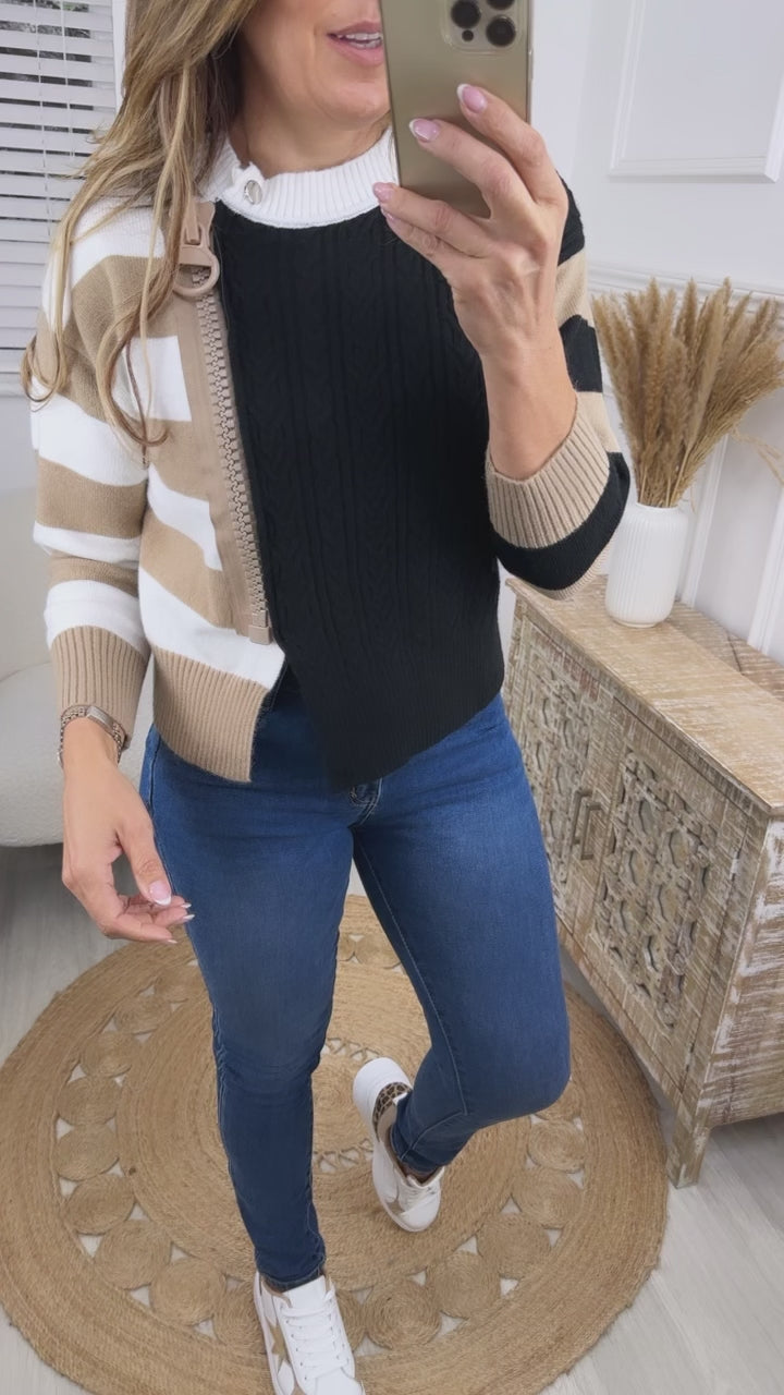 Winnie Black Giant Zip Detail Striped Cardi