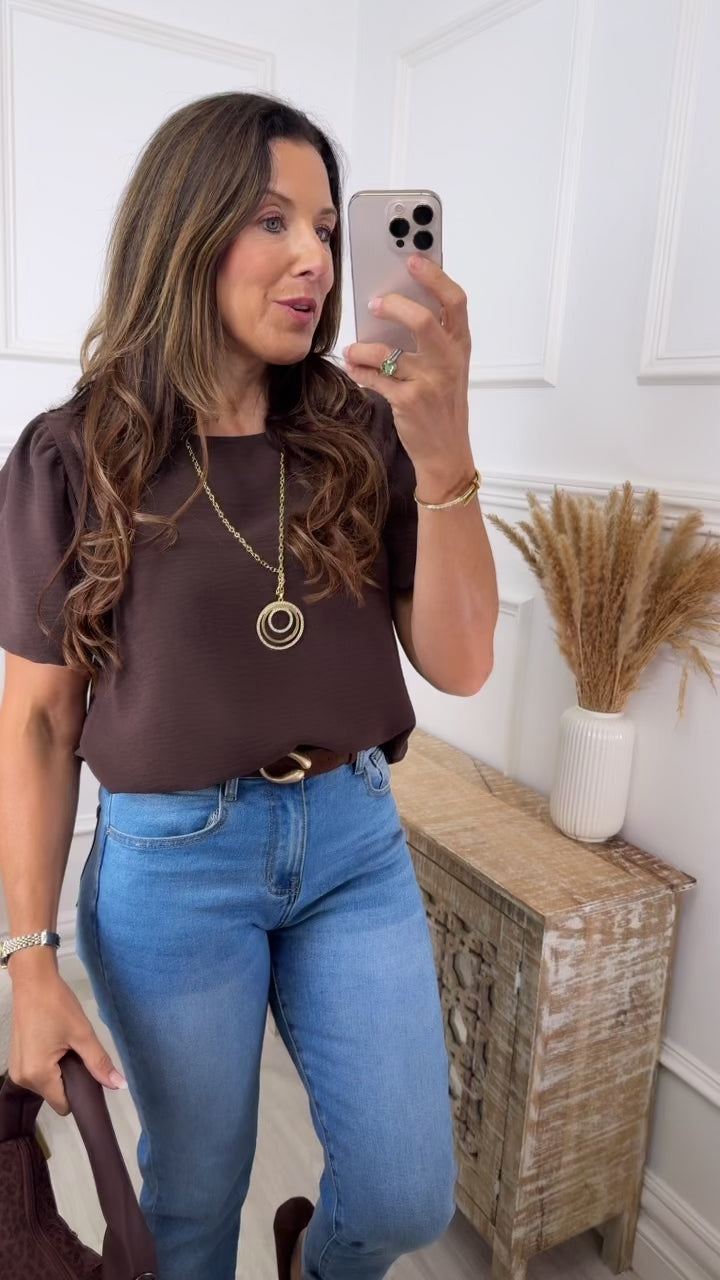 🖤Pre Order🖤 Shelly Brown Balloon Sleeve Top with Necklace