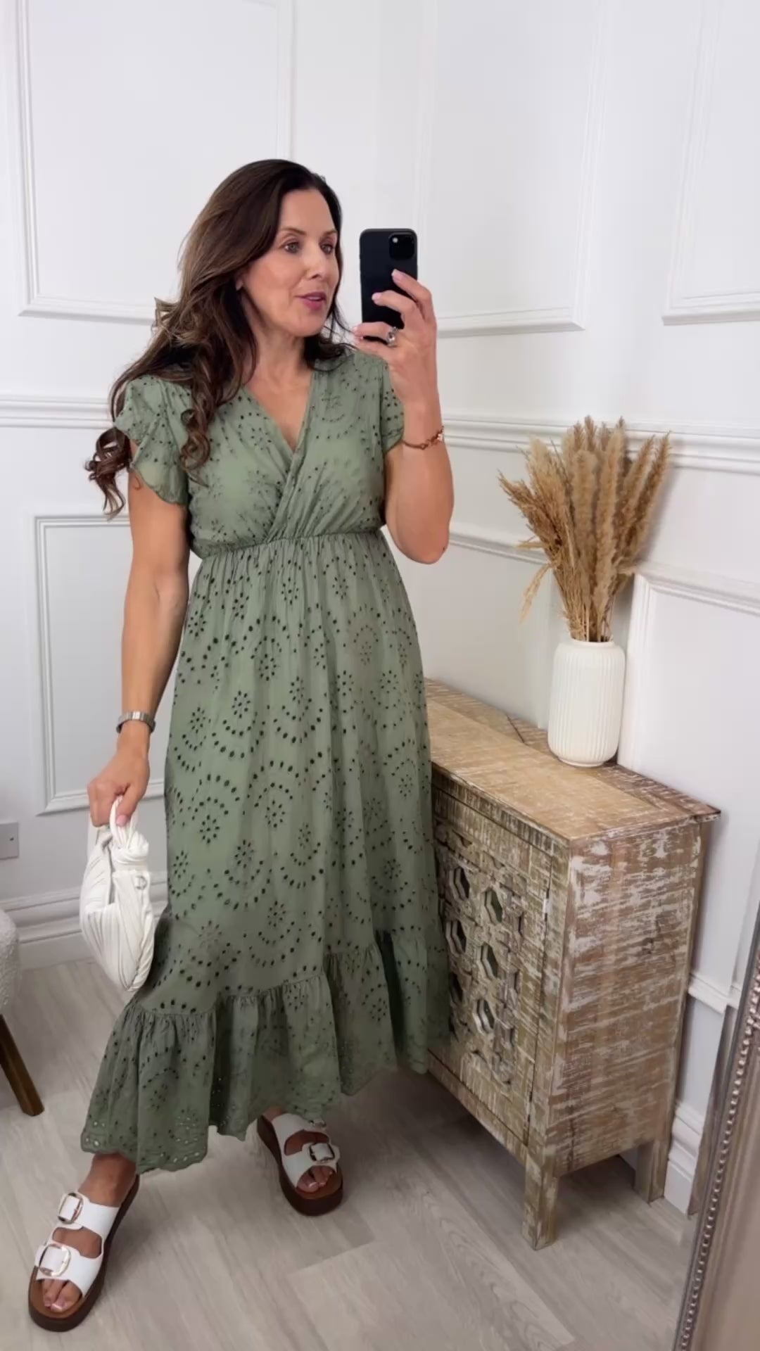 Beatrix Khaki Embroidered Eyelet Cotton Dress