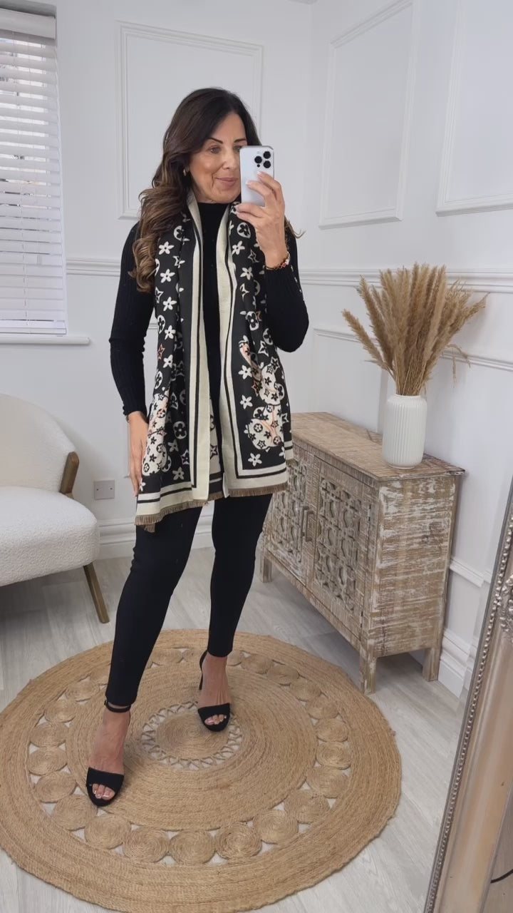 Veronica Beige And Black Pattern Scarf