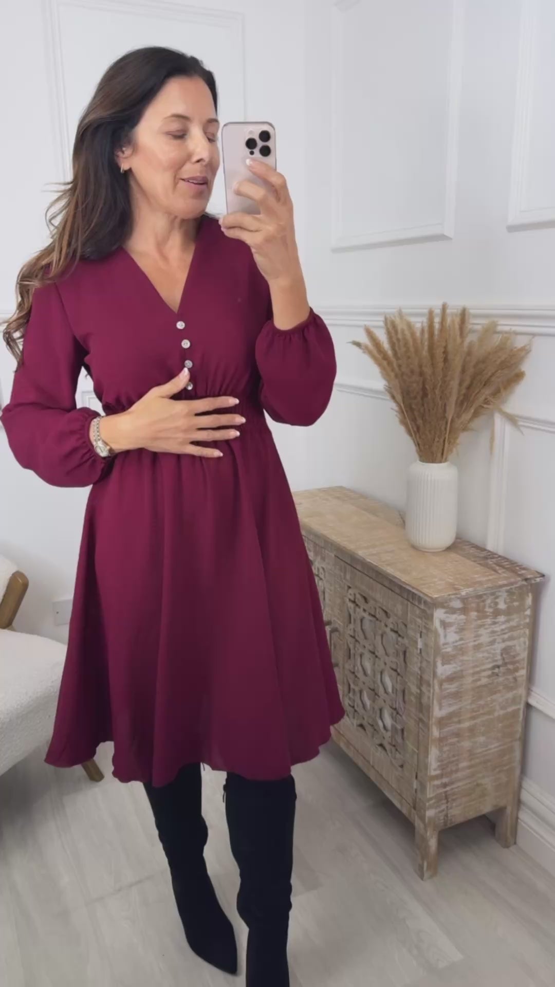 Melinda Wine Shirred Waist Dress