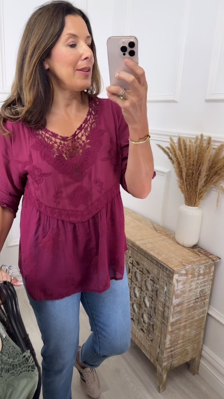 Rosalee Wine Broderie Top
