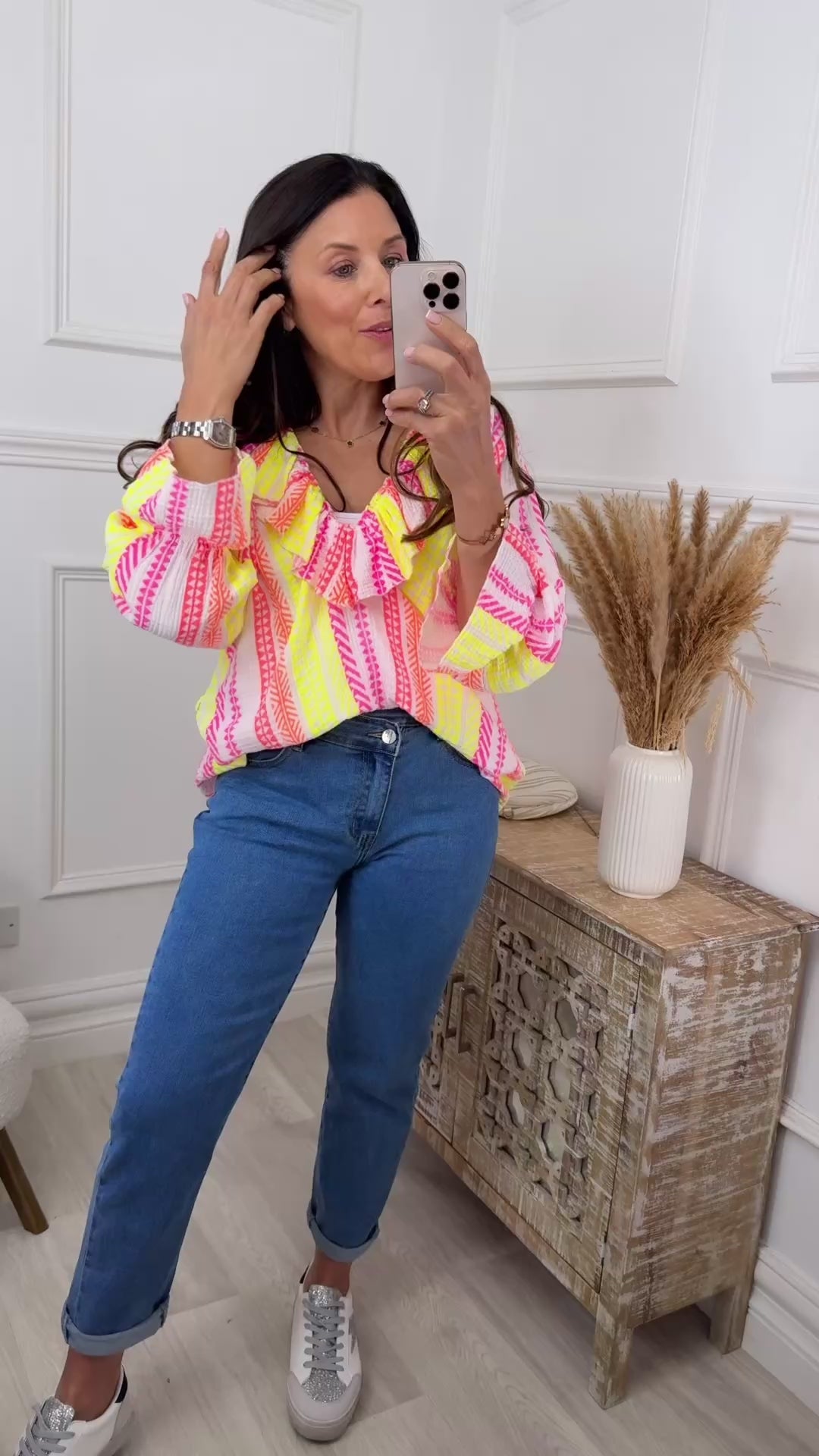 Treasa Yellow And Pink Stripe Ruffle Neck Top