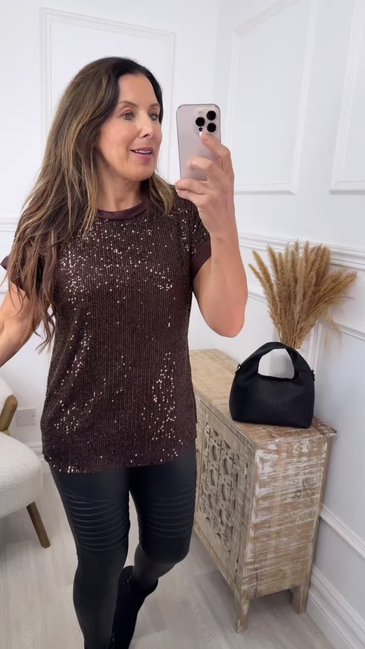 Matilda Brown Sequin Short Sleeve Top