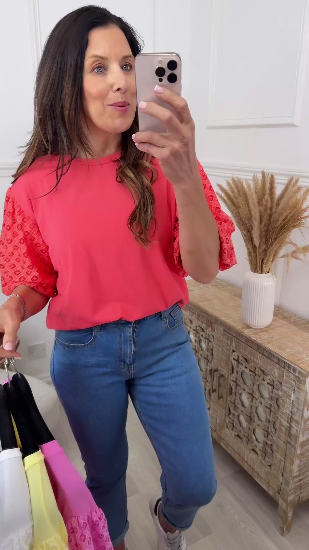 Millie Coral Broderie Sleeve Top