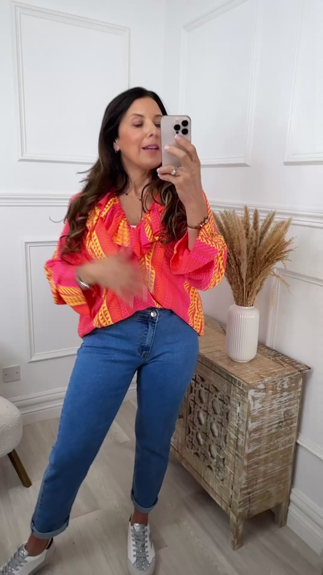 Treasa Pink And Orange Stripe Ruffle Neck Top