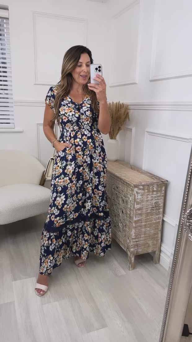 Angelina Navy Floral Boho Maxi Dress Virgo Boutique