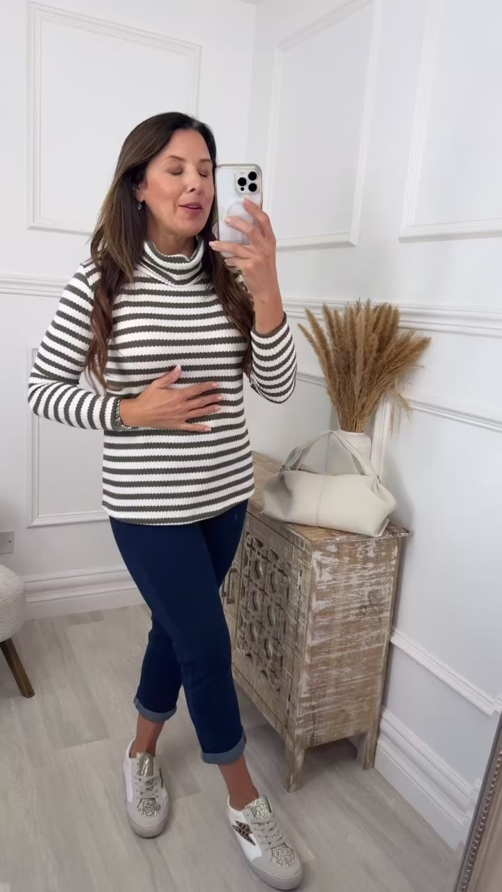 Saskia Khaki Striped Roll Neck Top