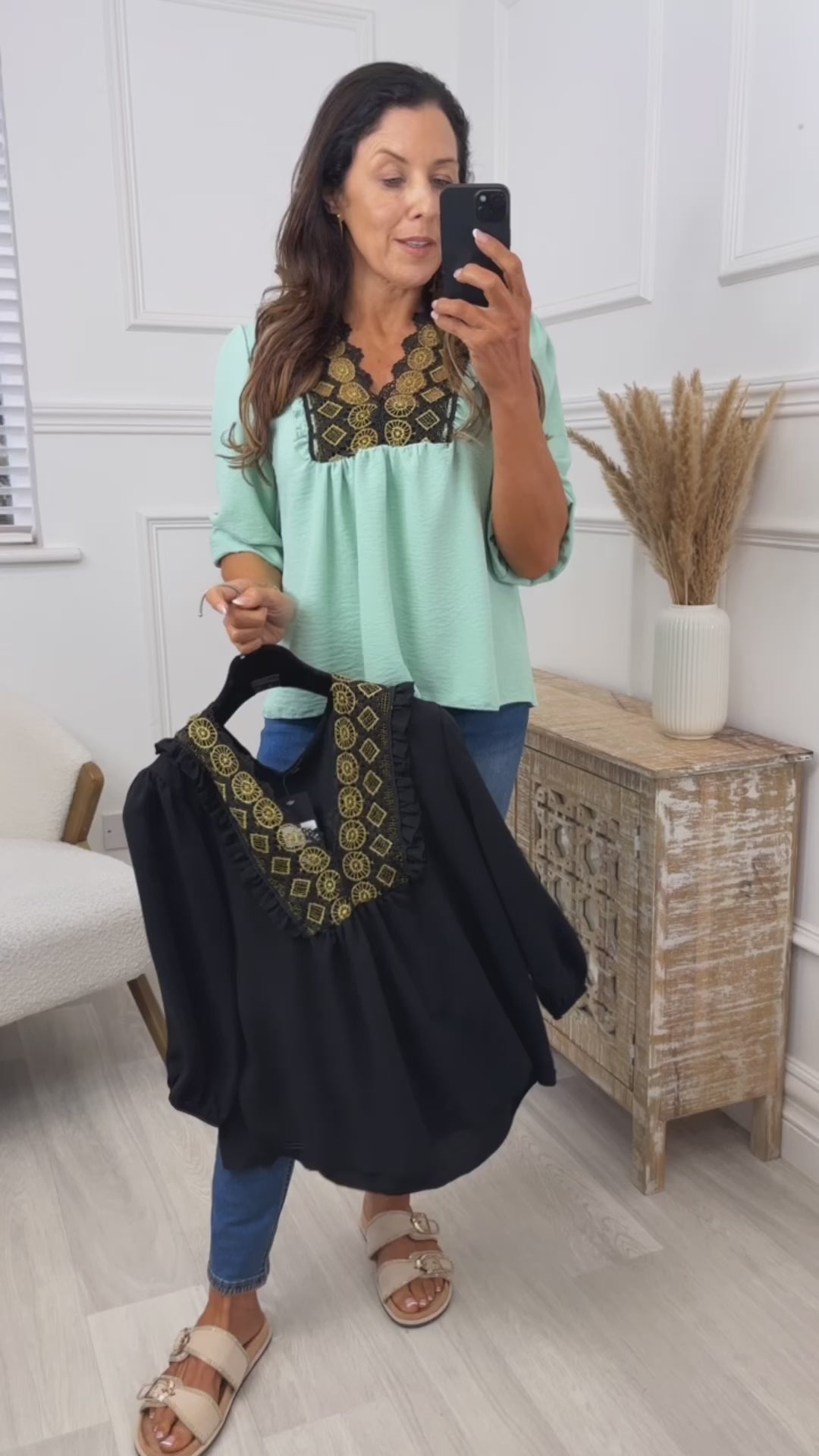 Julia Mint Black Lace Detail Top