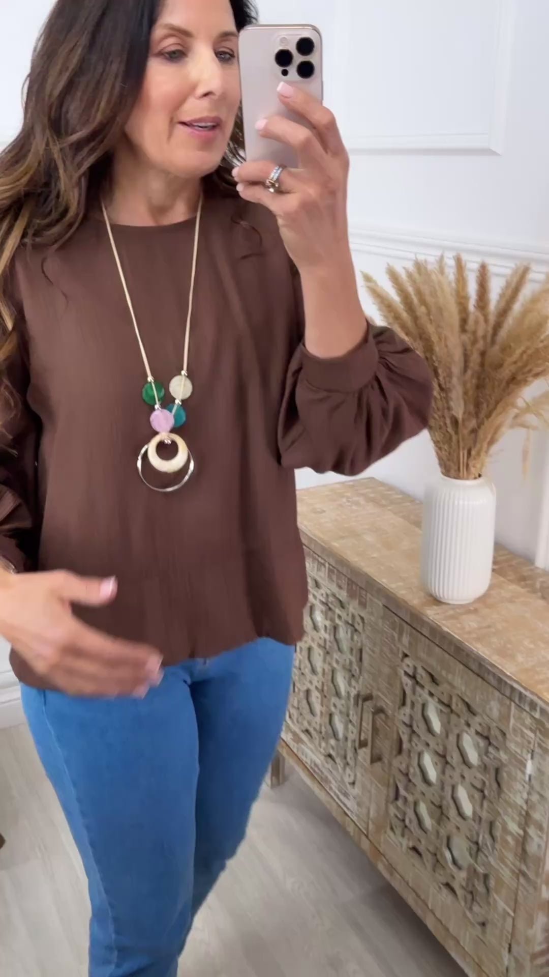 Rebel Brown Textured Blouse With Necklace