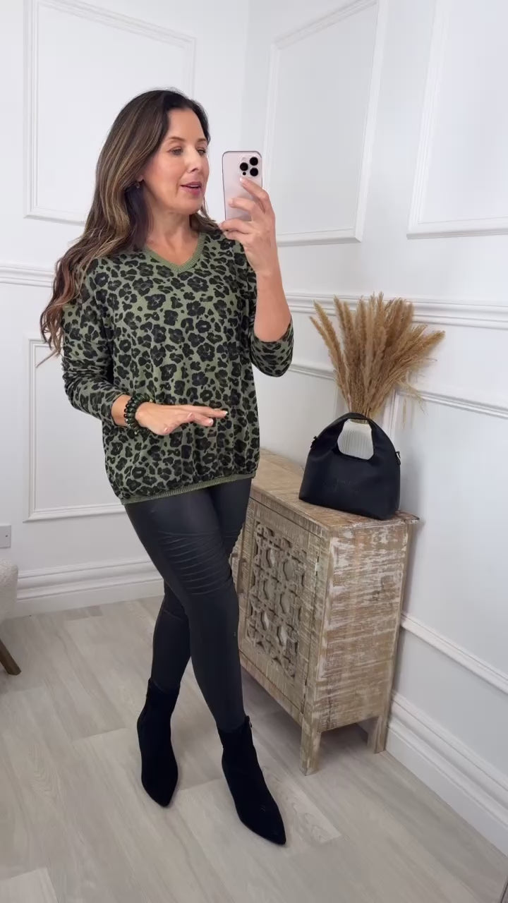 Maureen Khaki Leopard V Neck Knit Top