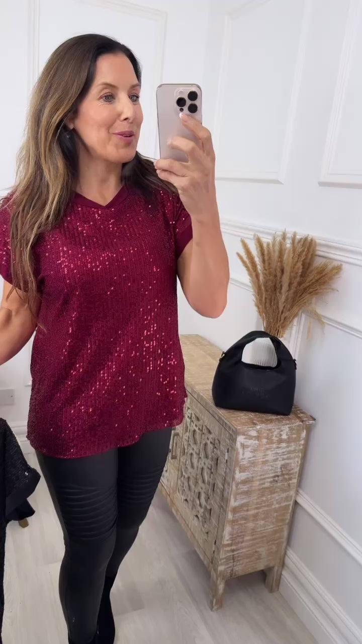 Matilda Wine Sequin Short Sleeve Top