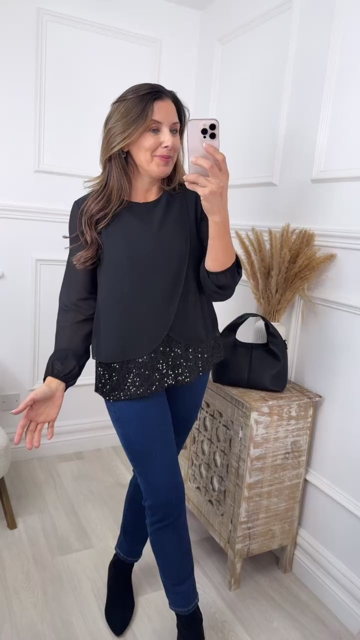 Louise Black Sequin Drape Top