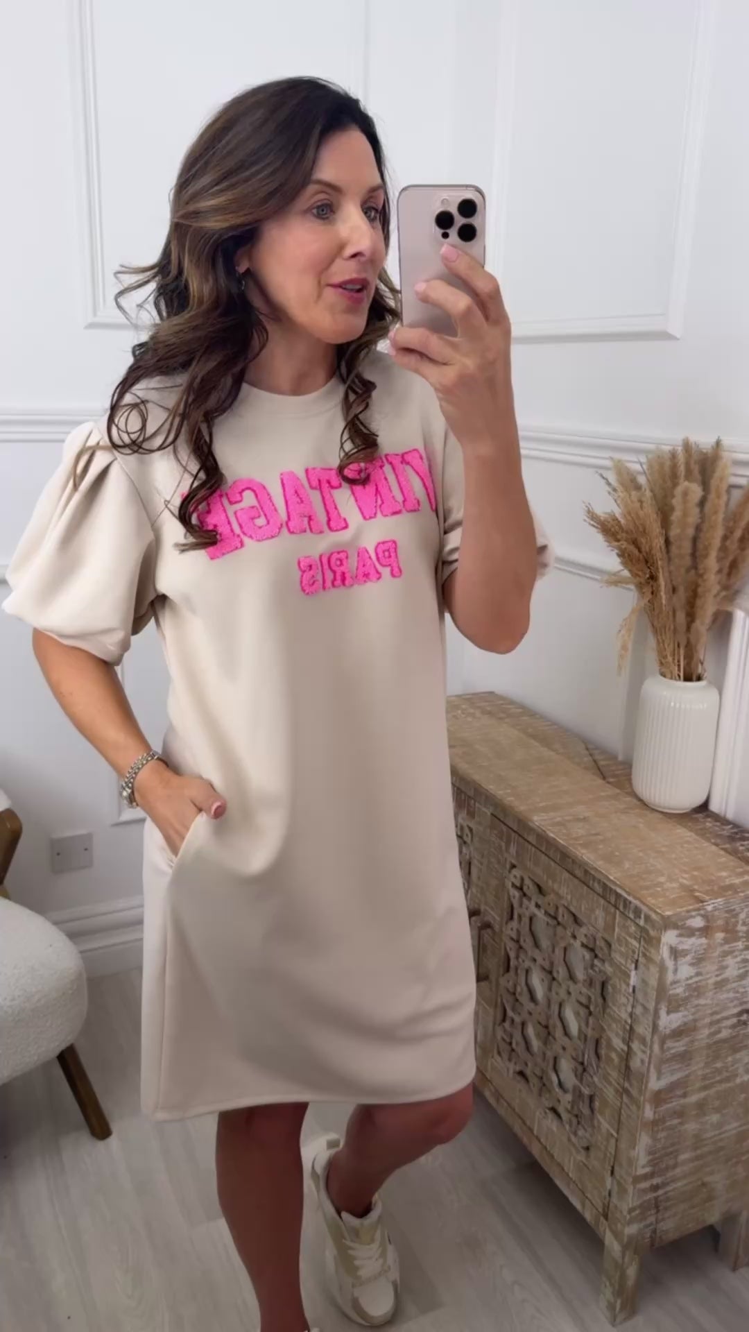 Gabrielle Beige Vintage T-Shirt Dress