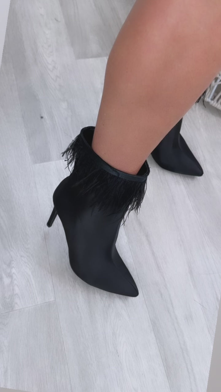 Pamela Black Feather Trim Ankle Boots