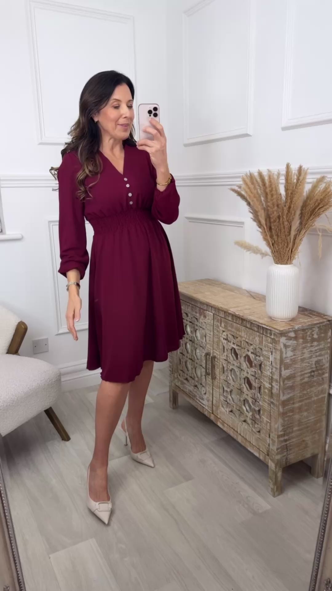 Melinda Wine Shirred Waist Dress