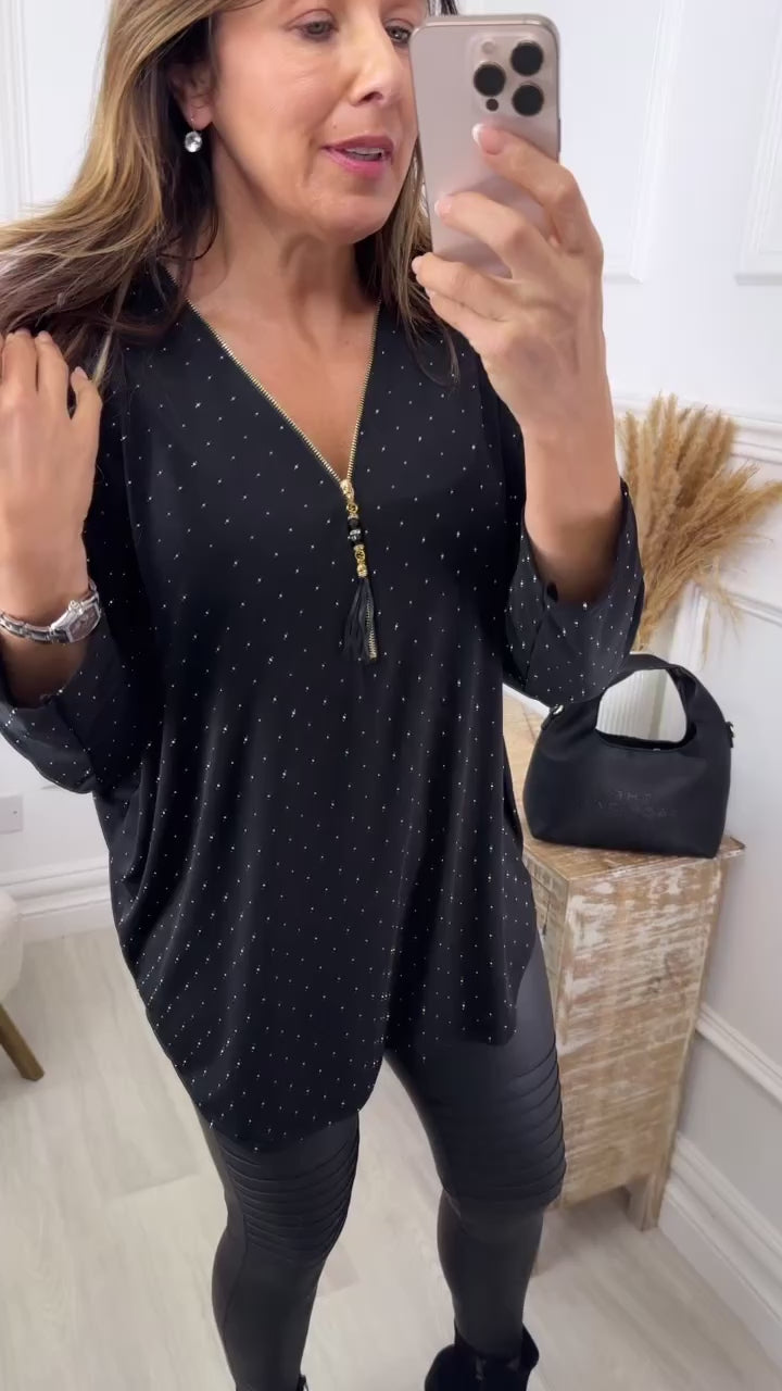Patrizia Black Rhinestone V Neck