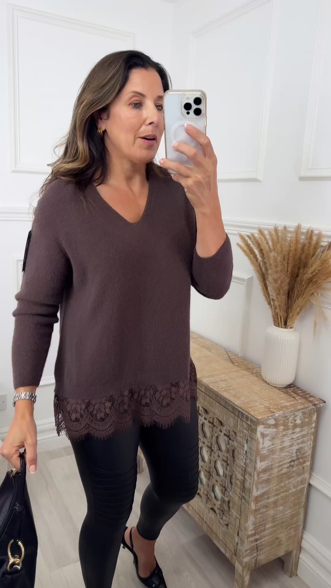 Iris Brown V Neck Lace Trim Knit