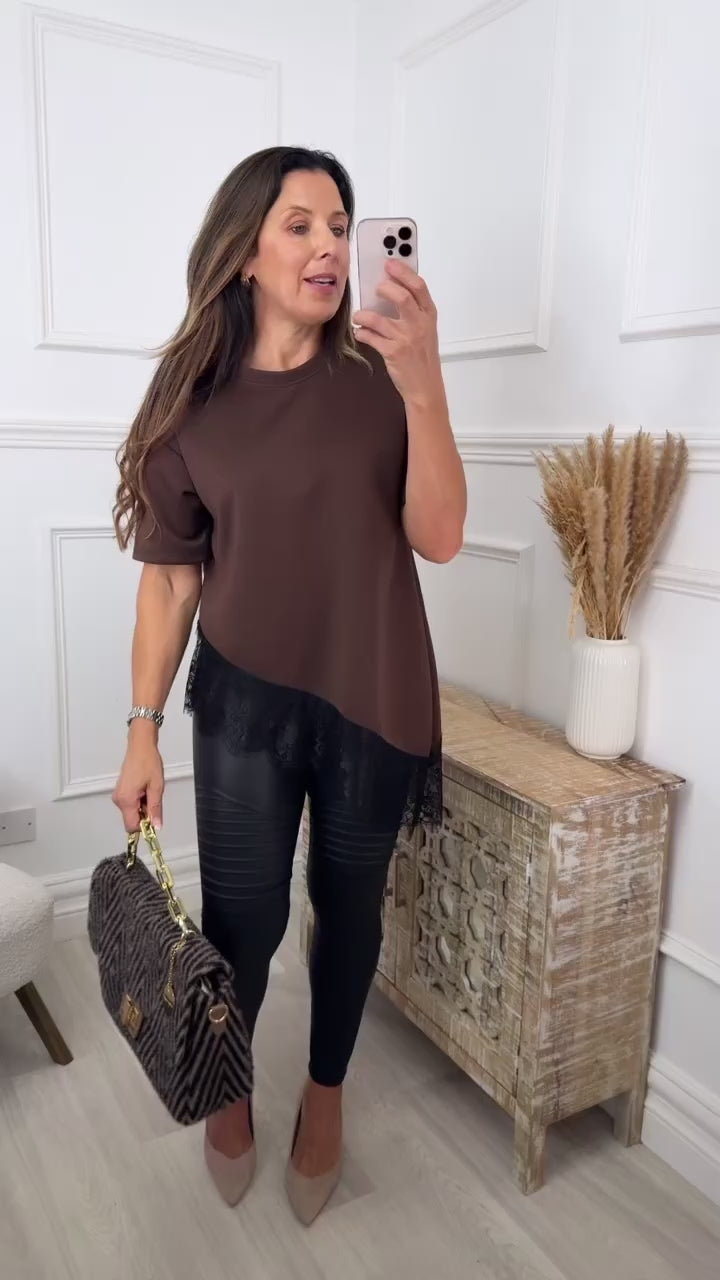 Shaun Brown Asymmetric Lace Hem Top