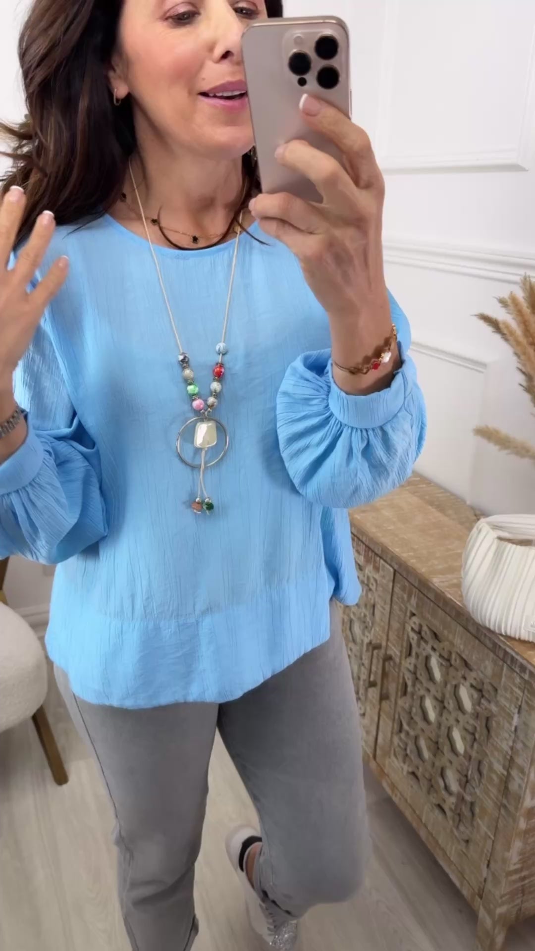 Rebel Blue Textured Blouse With Necklace
