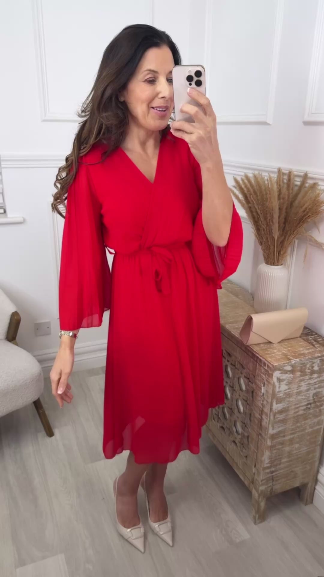 Cher Red Pleated Sleeve Wrap Dress