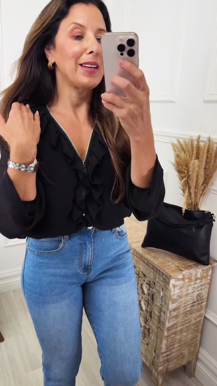 Lenora Black Ruffle and Zip Neck Top