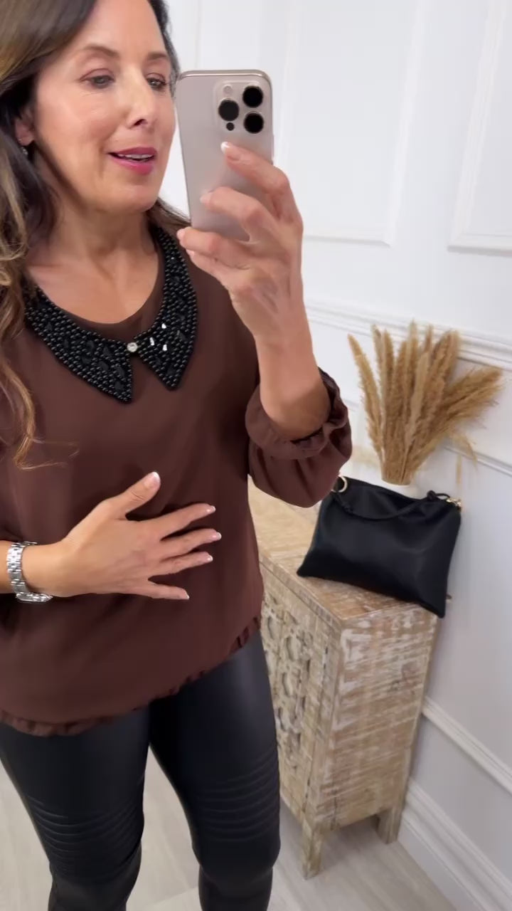 Oonagh Brown Beaded Neckline Top
