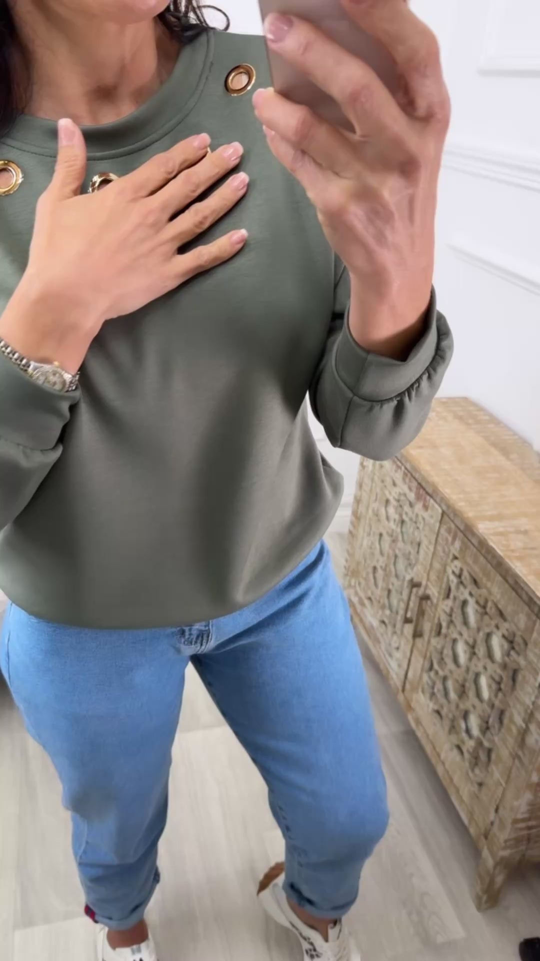 Katie Khaki Gold Eyelet Sweatshirt
