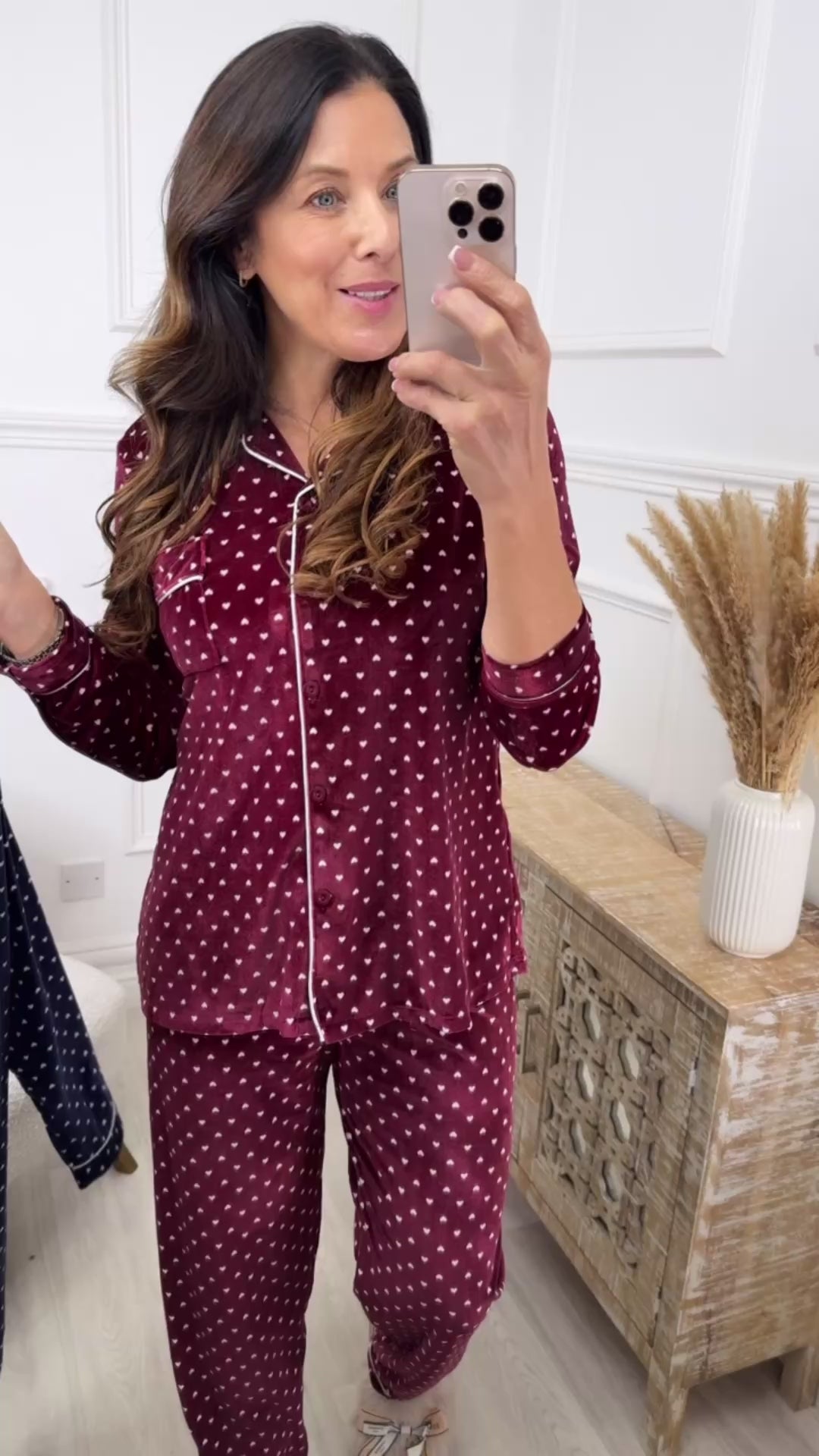 Lilah Wine Heart Print Velour Pajama
