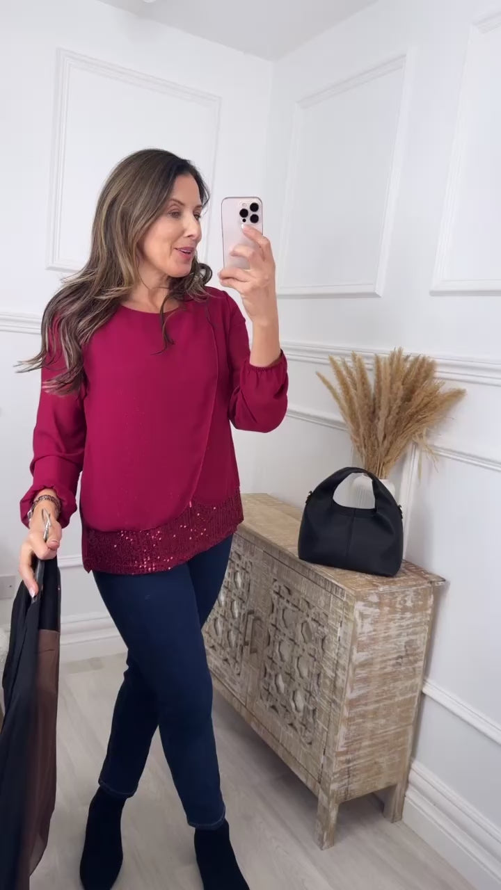Louise Wine Sequin Drape Top