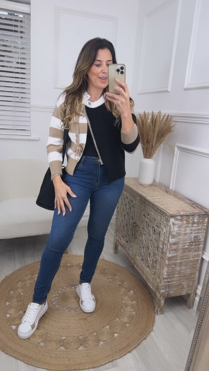 Winnie Black Giant Zip Detail Striped Cardi