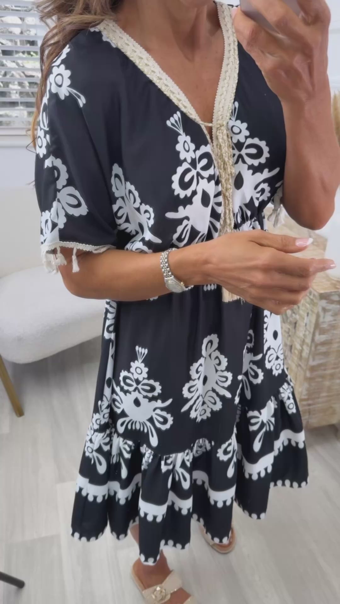Ginny Black Ethnic Print Caftan Dress