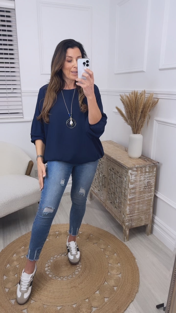 Linda Navy Batwing Top With Necklace