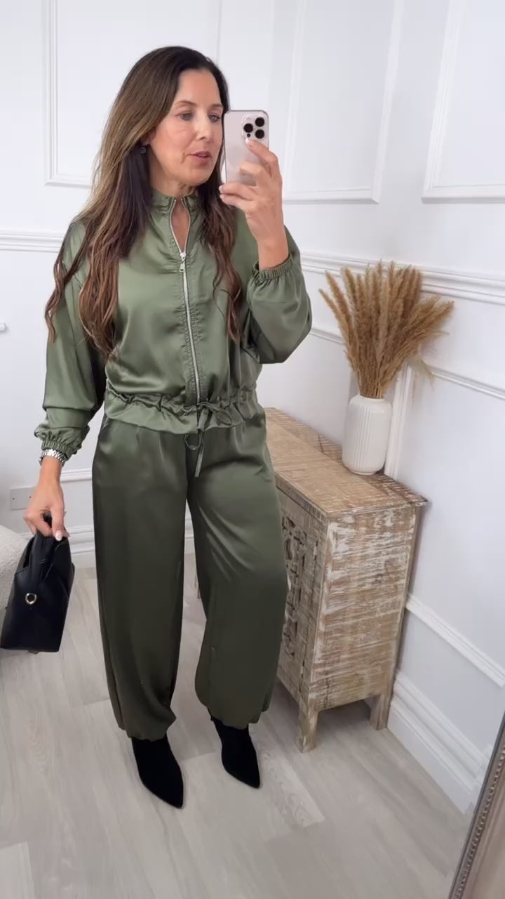 Trina Khaki Satin Zip Bomber