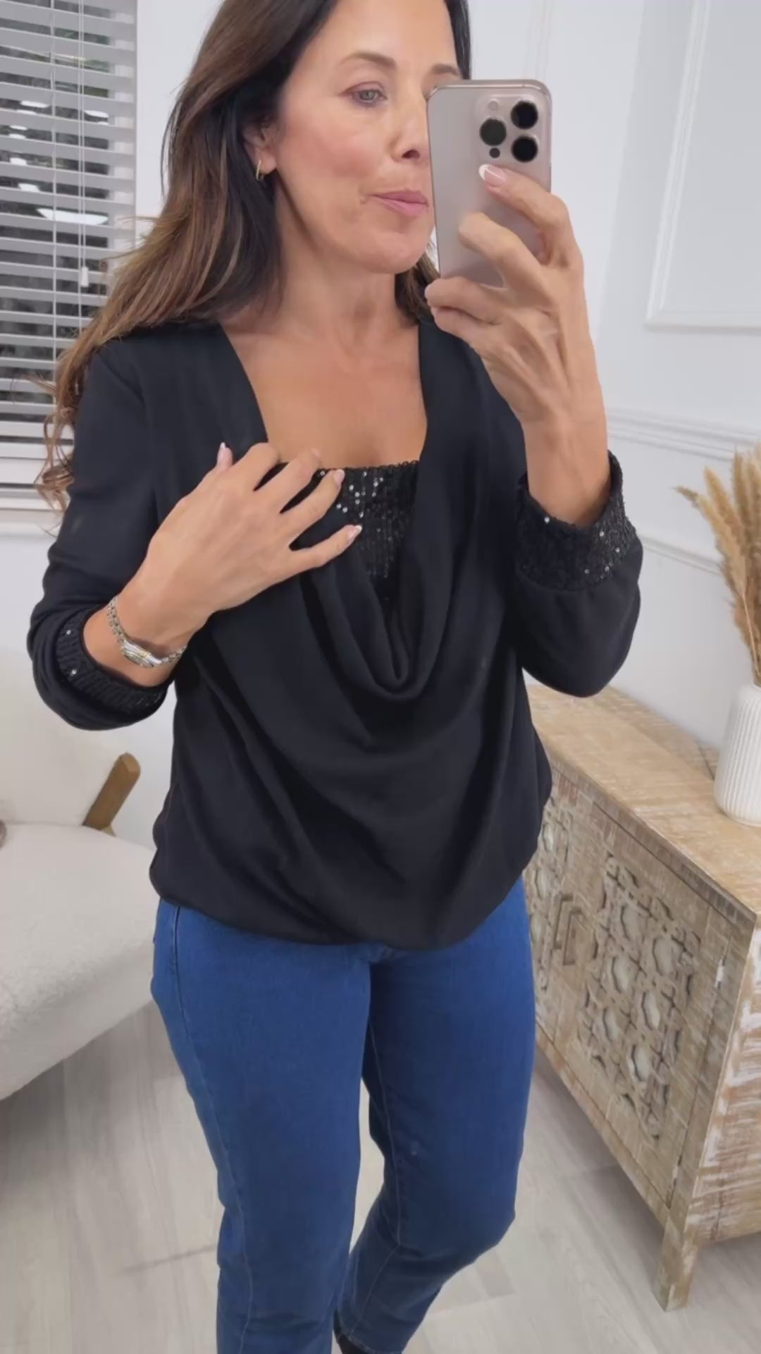 Priscilla Black Draped Neck Sequin Blouse