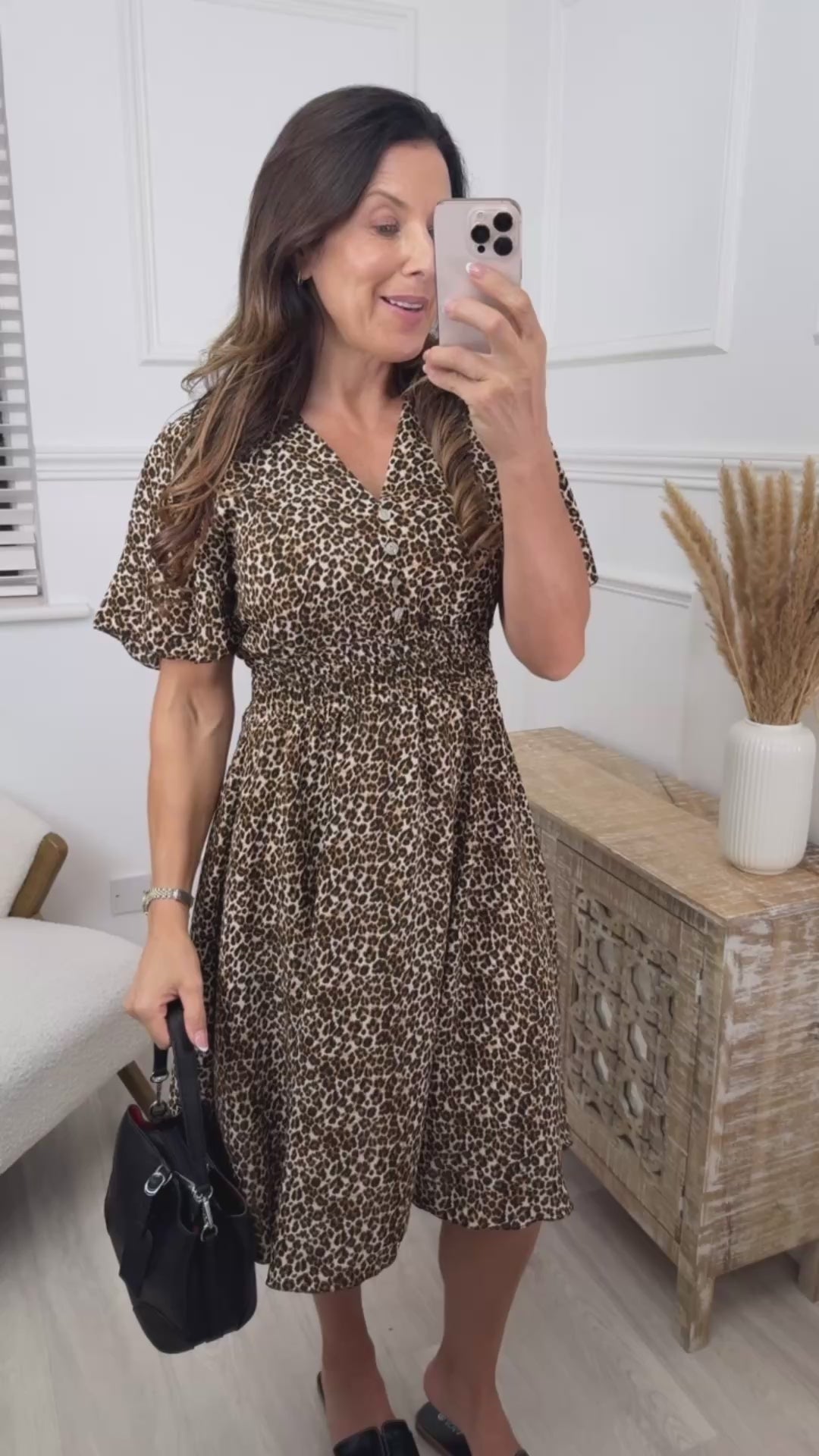 Iris Black Leopard Shirred Waist Dress