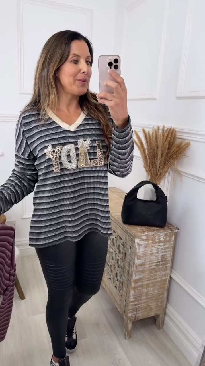 Violetta Black Striped V Neck Top