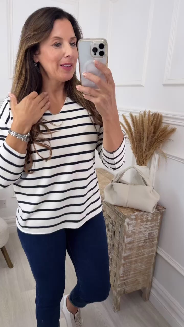 Raya Navy Striped V Neck Top