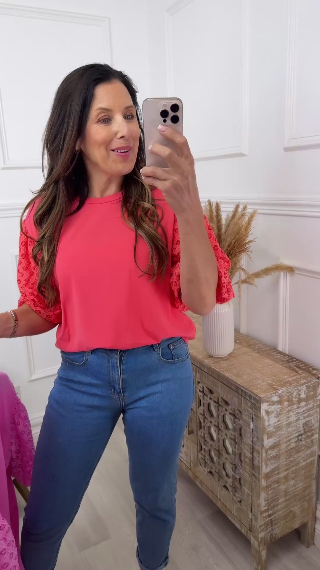 Millie Coral Broderie Sleeve Top